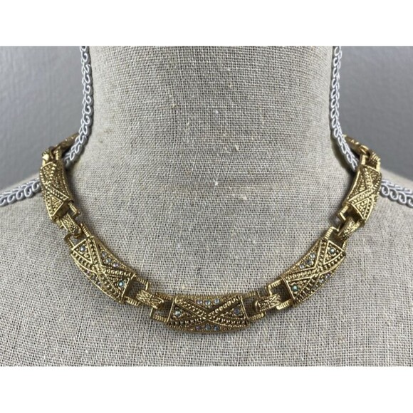 16" Gold Tone Rectangle Link Collar/Chocker Necklace with Rhinstones & Box Clasp - Picture 1 of 7